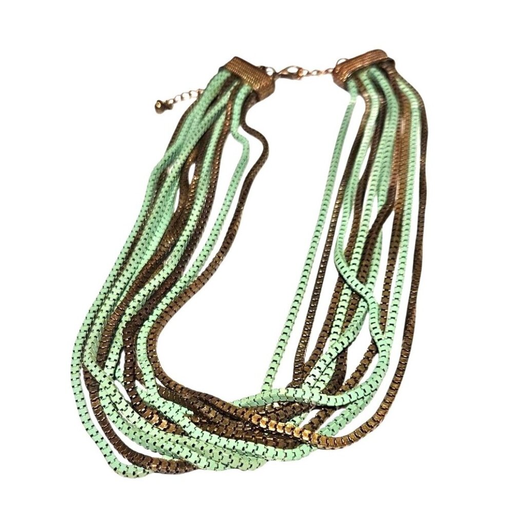 Vintage Necklace Multi-Strand Mint Green & Bronze‎ Metal 3D Rectangular Links